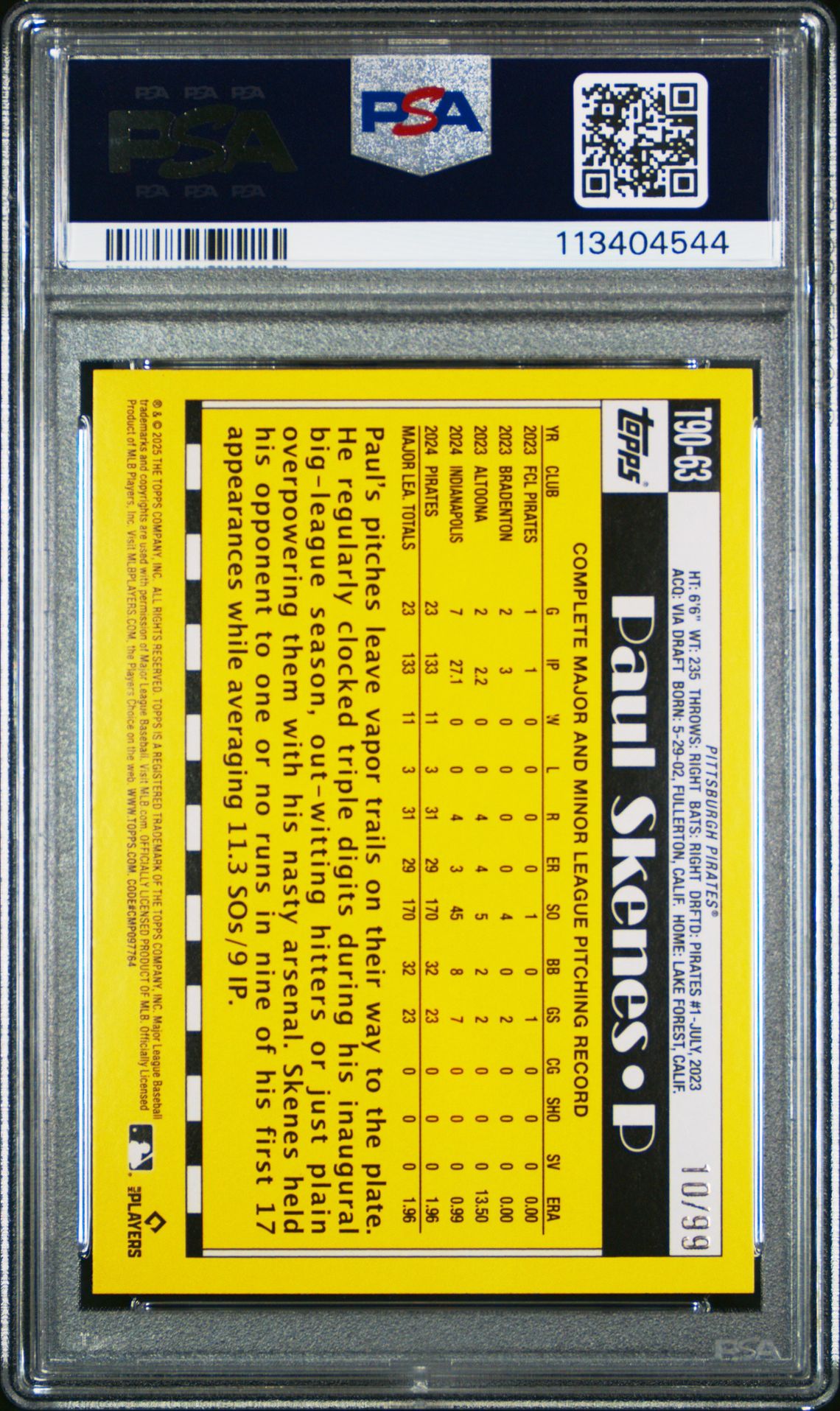 2025 Topps 1990 Topps Baseball Paul Skenes #T9063 ('90 Topps-Green Crackle Foil) Mint 9 back