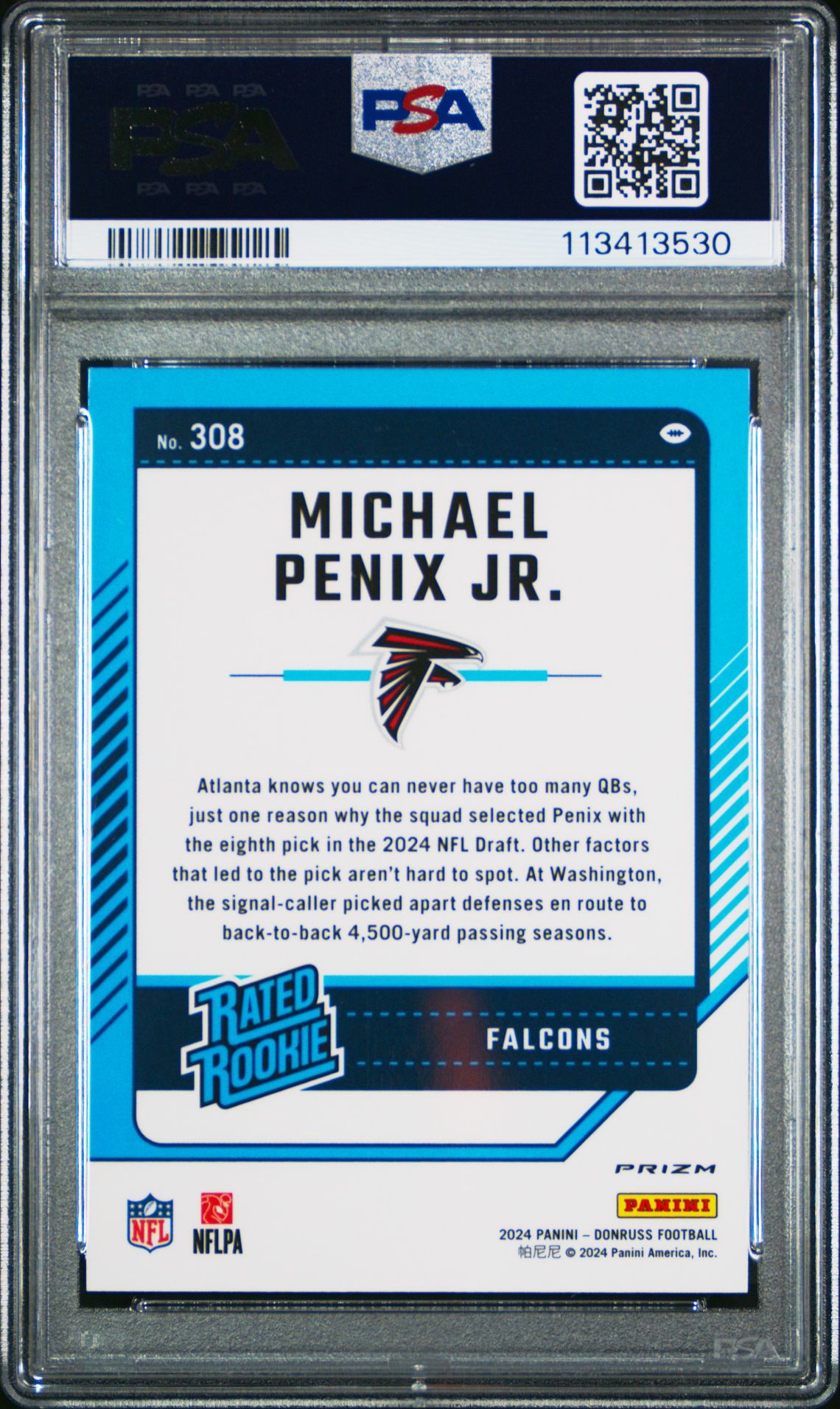 2024 Panini Donruss Michael Penix Jr. #308 (Optic Preview-Pink) Gem Mt 10 back