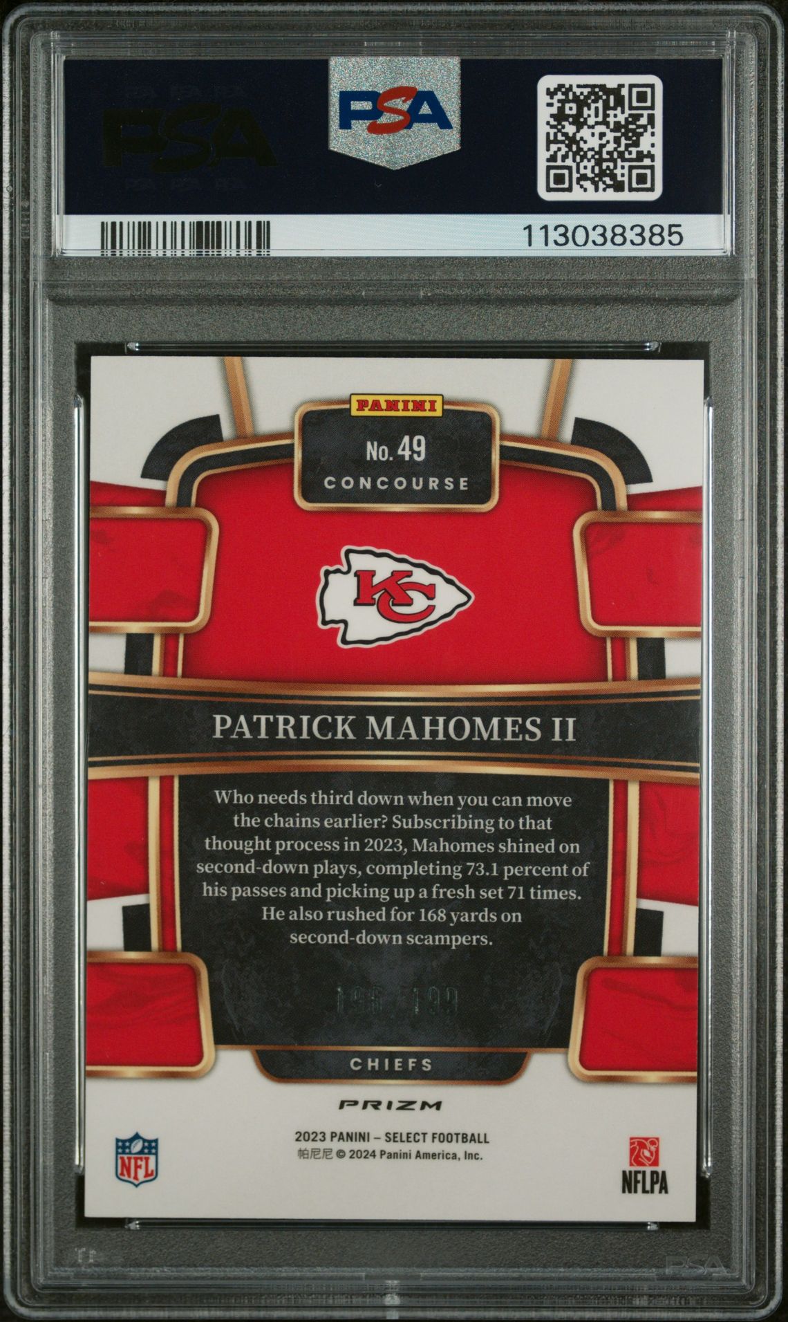 2023 Panini Select Patrick Mahomes Ii #49 (Blue Prizm) Gem Mt 10 back