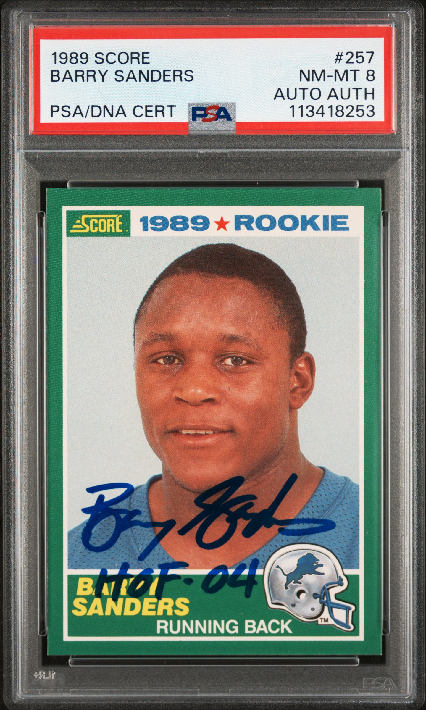 1989 BARRY SANDERS SCORE IN PERSON AUTO W/ INSCRIPTION PSA 8 | Veriswap