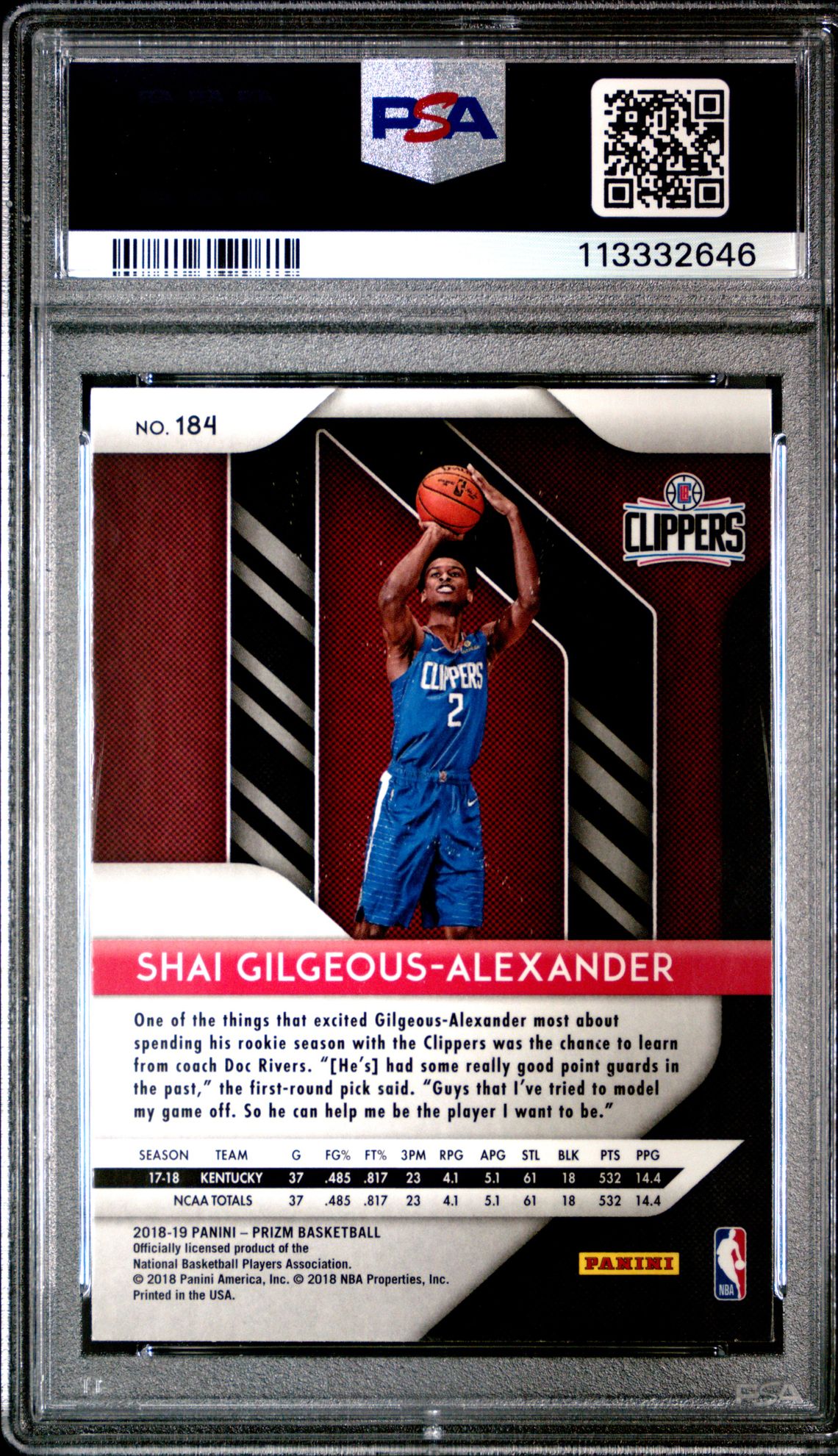 2018 Panini Prizm S.gilgeous-Alexander #184 Mint 9 back