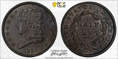 1834 1/2C AU58BN