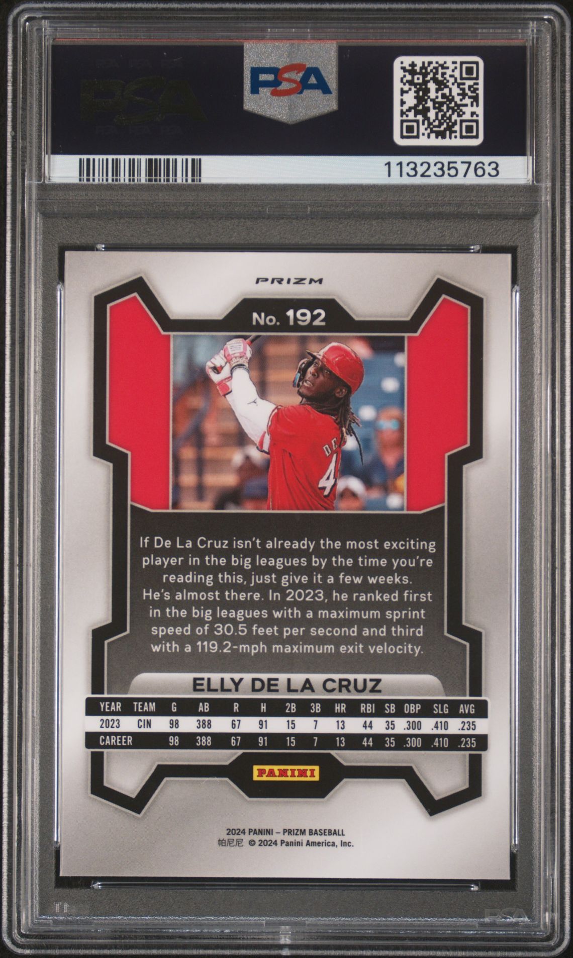 2024 Panini Prizm Elly De La Cruz #192 (White Sparkle) Gem Mt 10 back