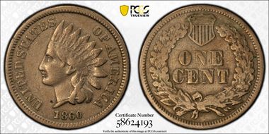 1860 1C Pointed Bust N1