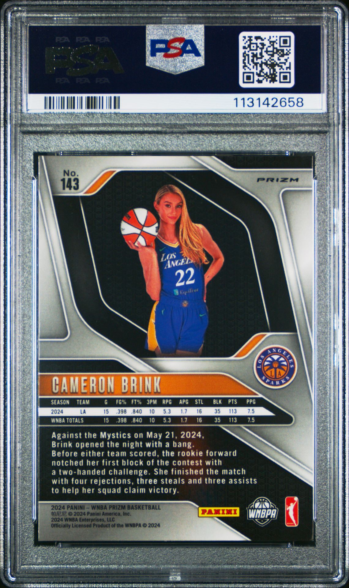 2024 Panini Prizm Wnba Cameron Brink #143 (Blue Velocity) Mint 9 back