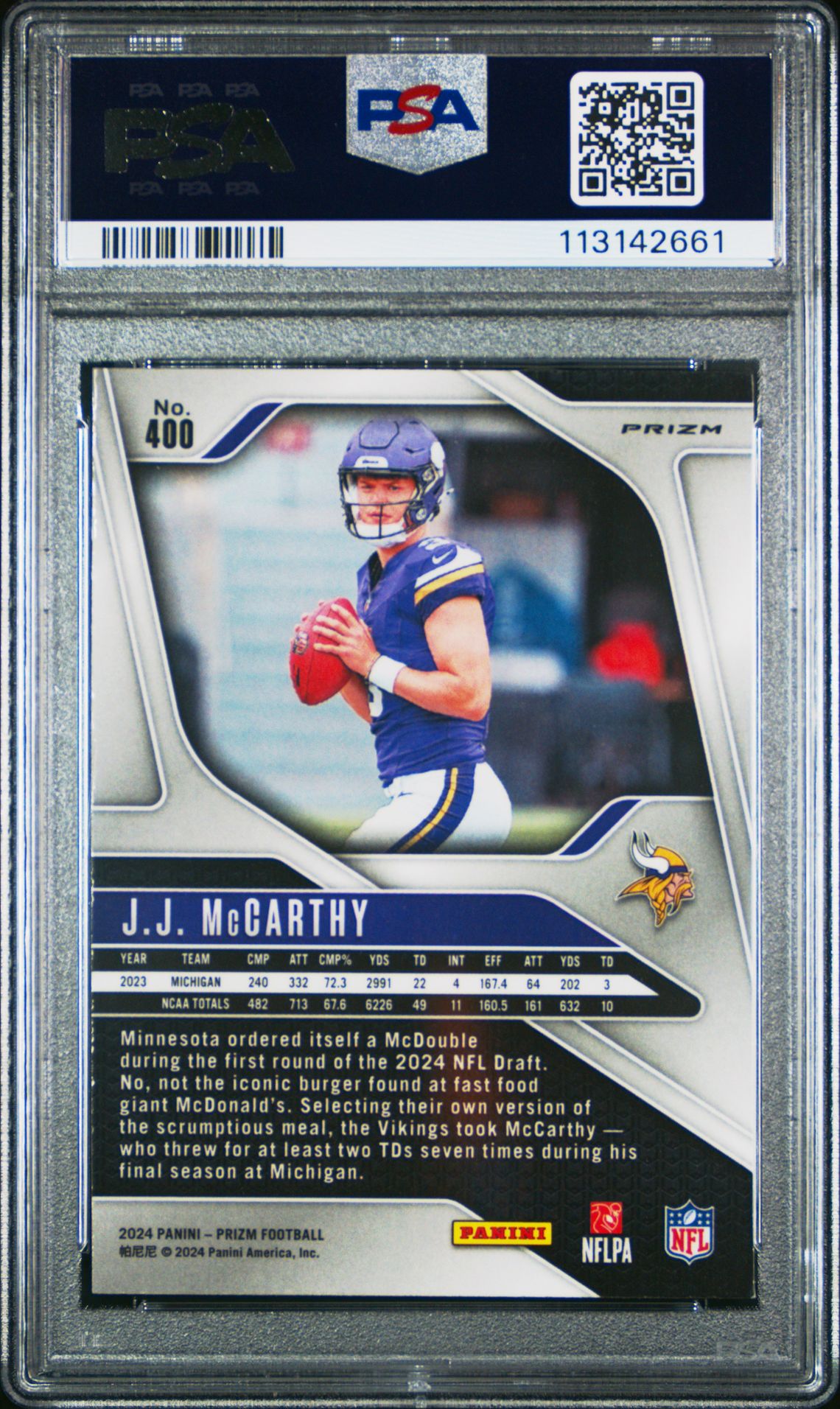 2024 Panini Prizm Jj Mccarthy #400 (Lazer Prizm) Mint 9 back