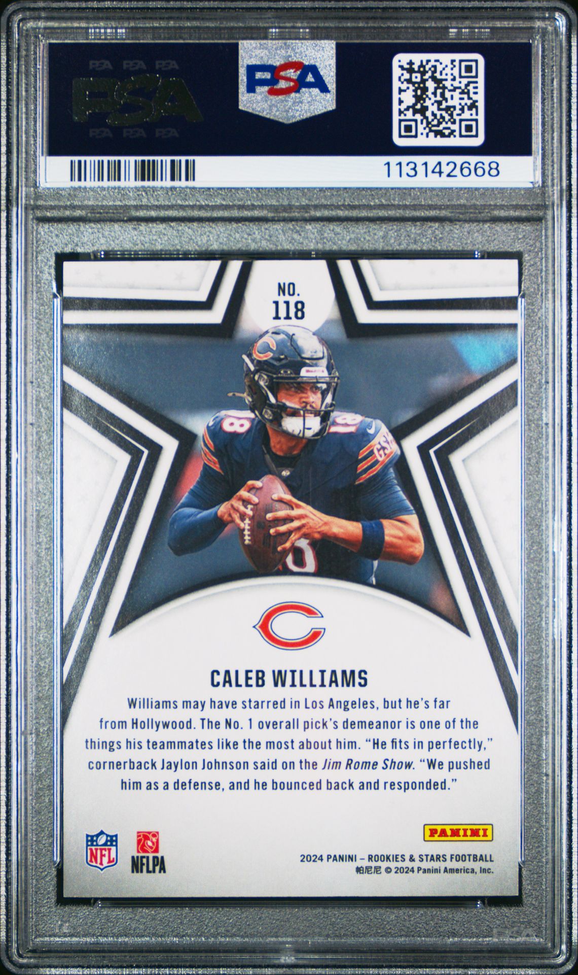 2024 Panini Rookies & Stars Caleb Williams #118 (Orange) Gem Mt 10 back