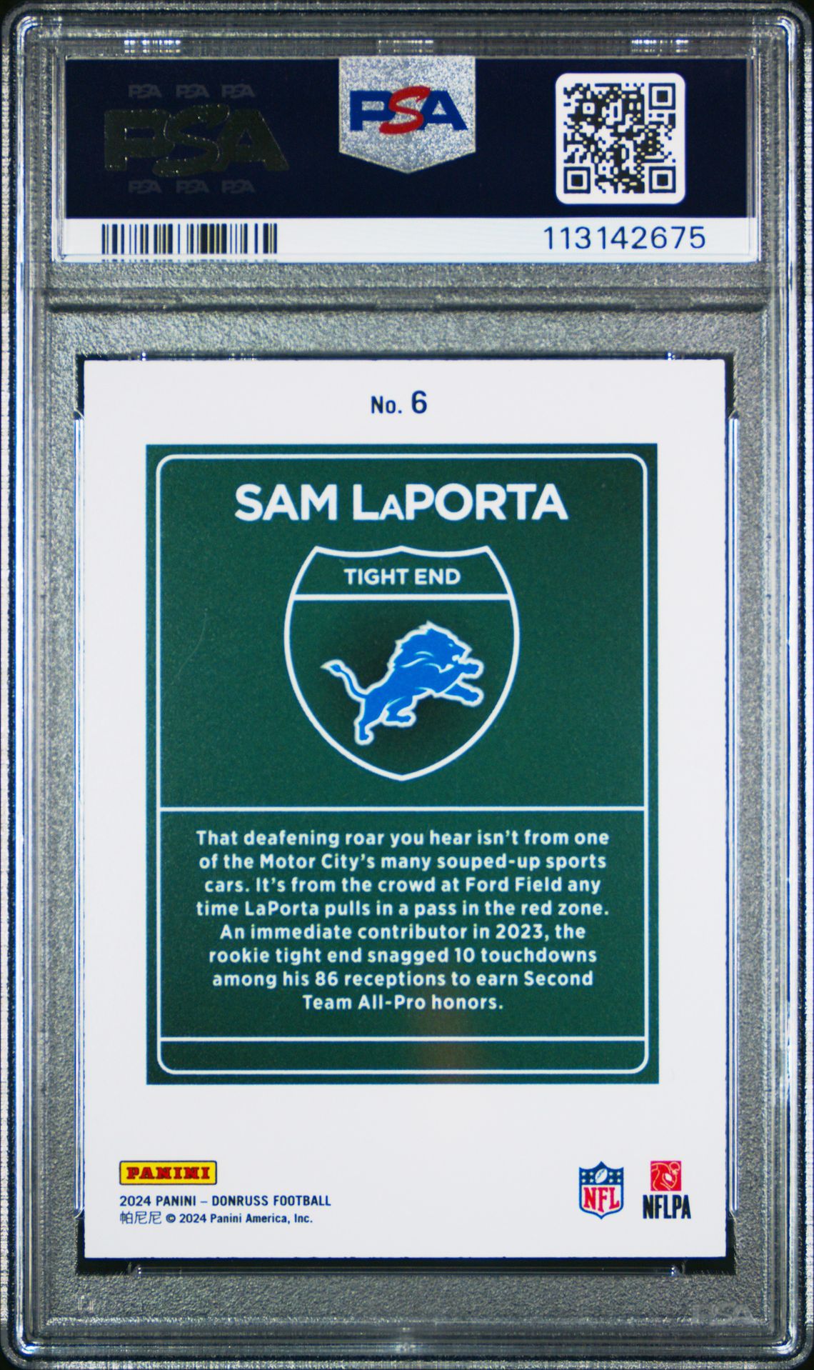 2024 Panini Donruss Downtown! Sam Laporta #6 Gem Mt 10 back