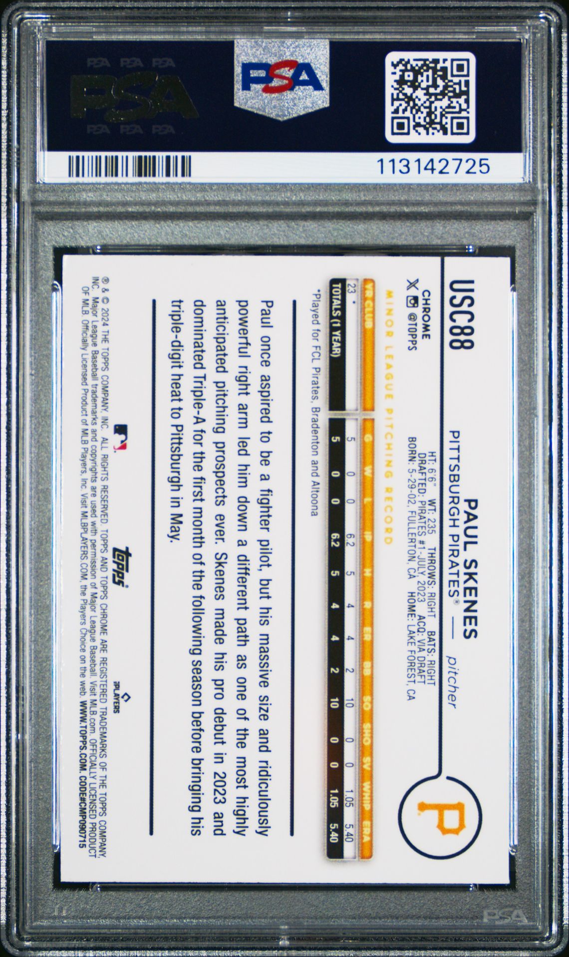 2024 Topps Chrome Update Paul Skenes #Usc88 (X-Fractor) Gem Mt 10 back