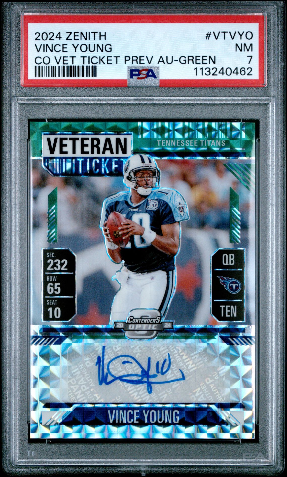 2024 Panini PANINI ZENITH CONTENDERS OPTIC VETERAN TICKET PREVIEW AUTOGRAPHS CO VET TICKET PREV AU-GREEN #VTVYO Vince Young front