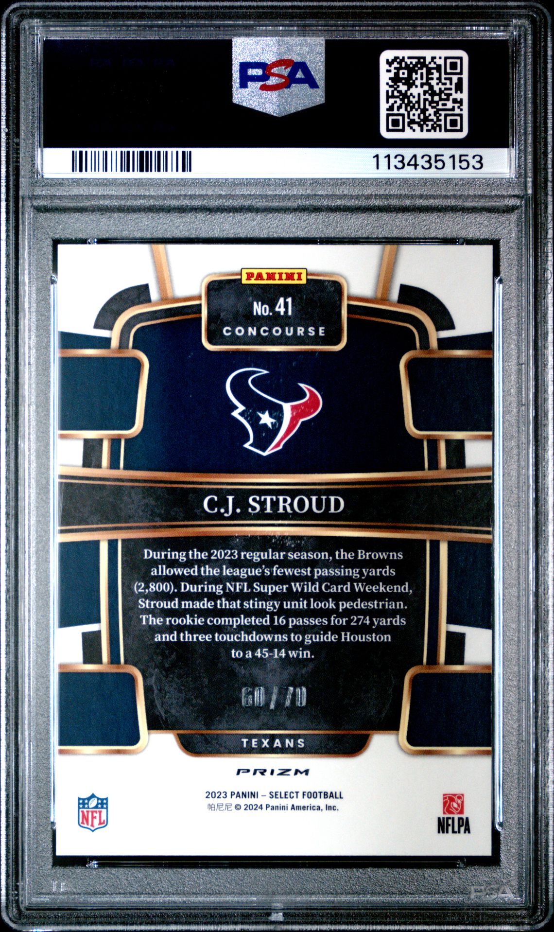 2023 Panini Select Cj Stroud #41 (Dragon Scale Prizm) Gem Mt 10 back