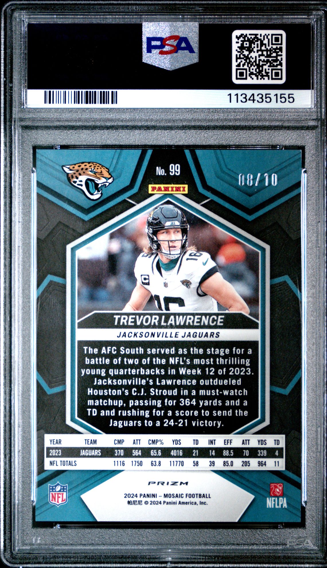 2024 Panini Mosaic Trevor Lawrence #99 (Green Fluorescent) Gem Mt 10 back