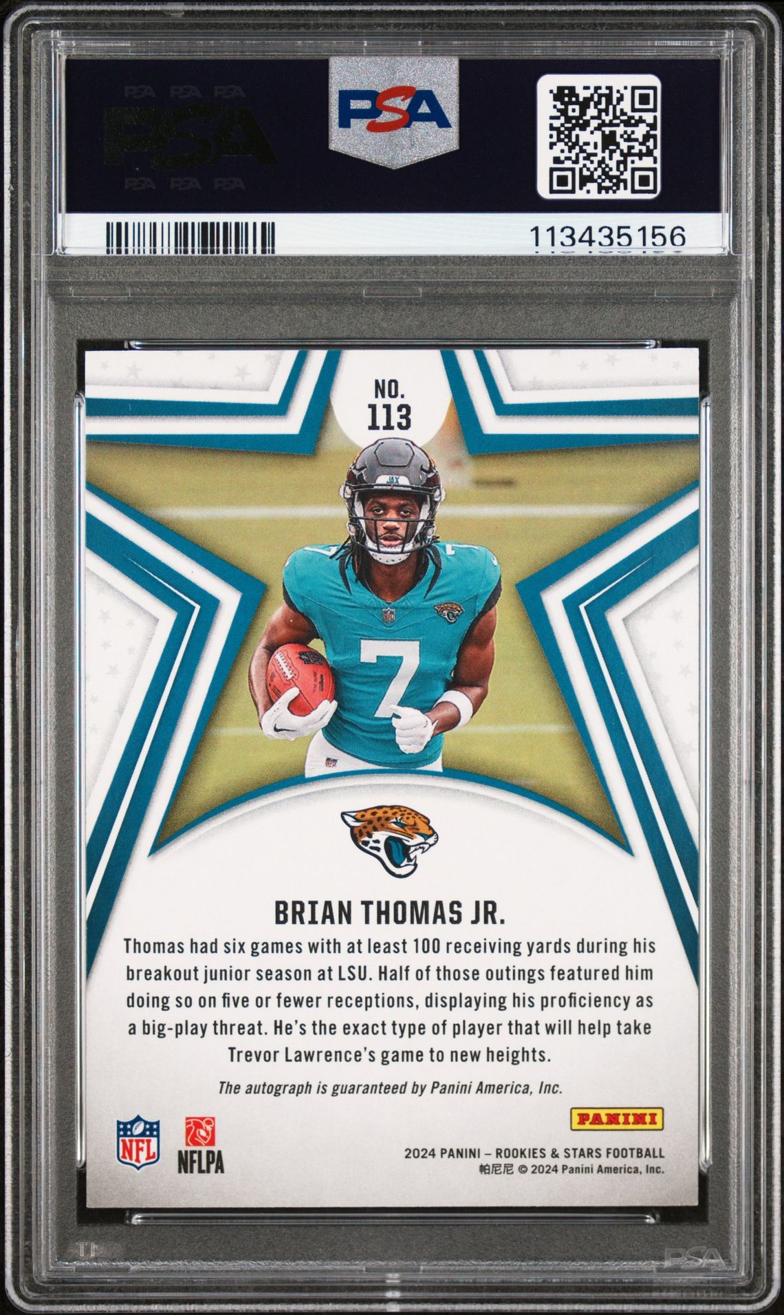 2024 Panini Rookies & Stars Brian Thomas Jr. #113 (Autograph-Orange) Mint 9 back