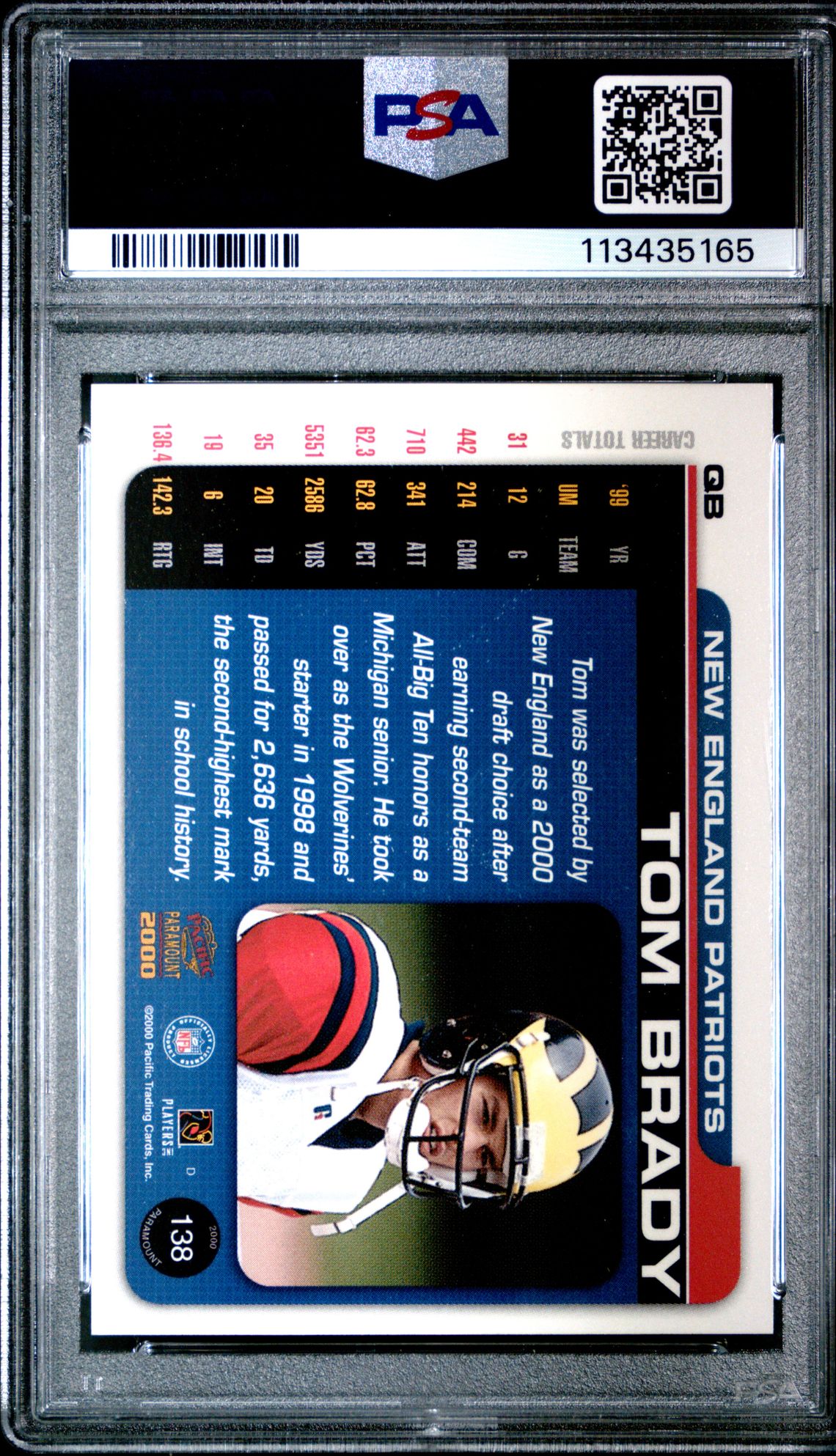 2000 Pacific Paramount Tom Brady #138 Mint 9 back