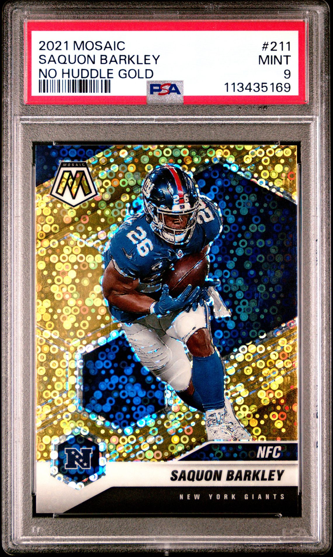 2021 Panini Mosaic Saquon Barkley #211 (No Huddle Gold) Mint 9 front