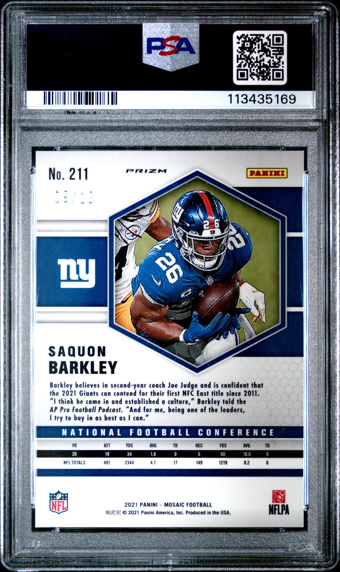 2021 Panini Mosaic Saquon Barkley #211 (No Huddle Gold) Mint 9 back