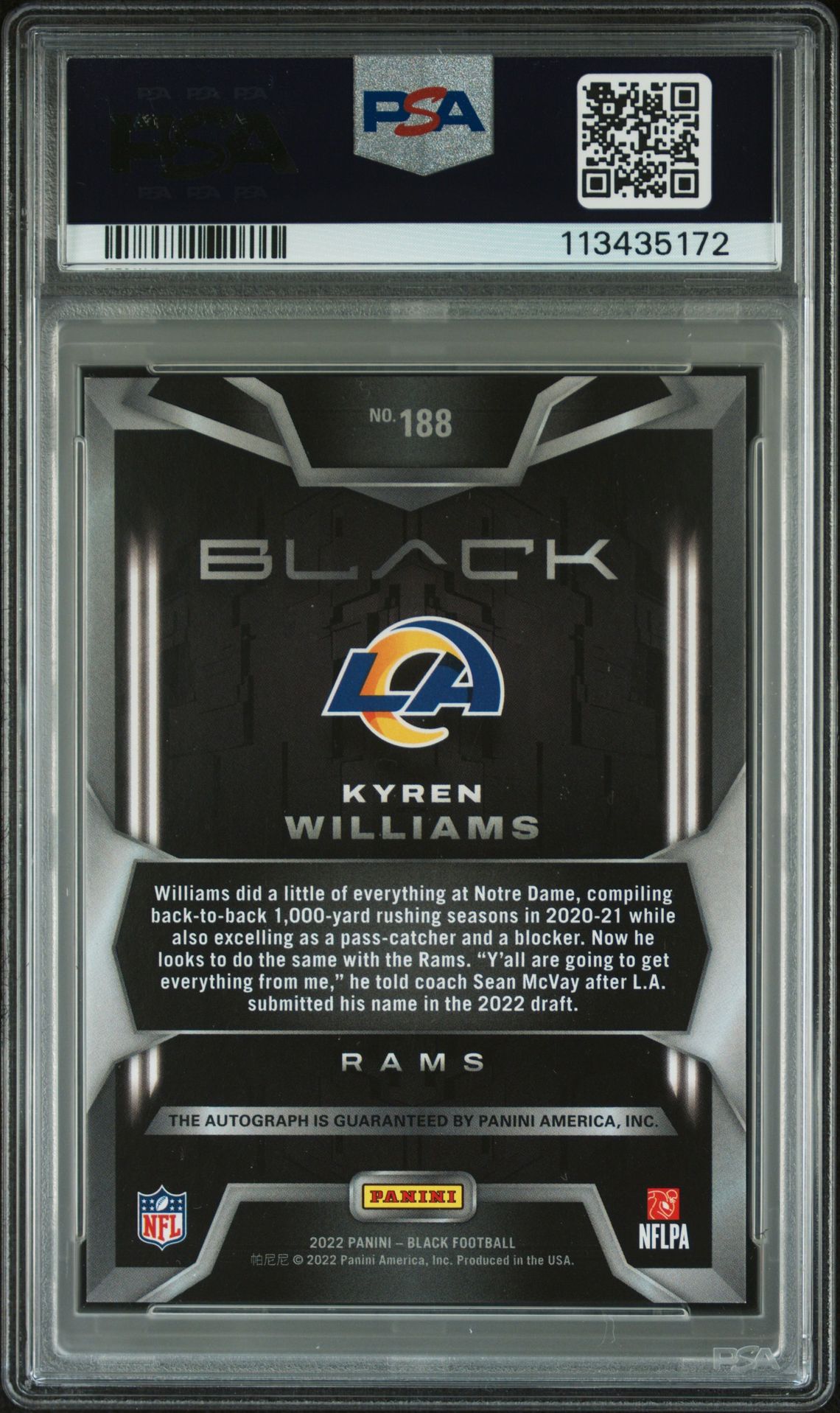 2022 Panini Black Kyren Williams #188 (Autograph-Sapphire) Mint 9 back