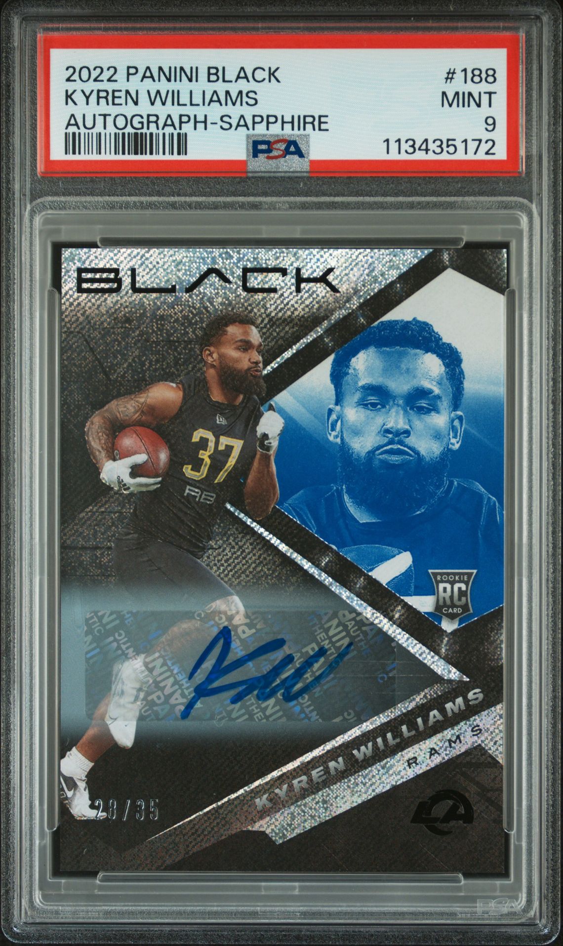 2022 Panini Black Kyren Williams #188 (Autograph-Sapphire) Mint 9 front