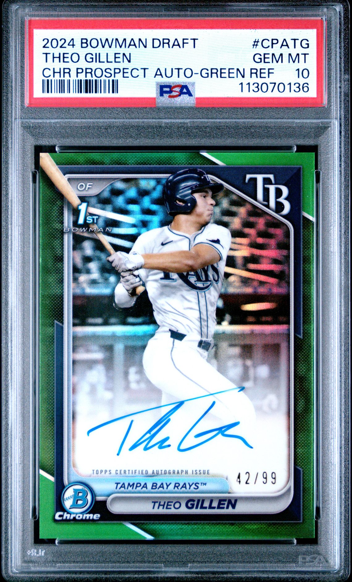 2024 Bowman BOWMAN DRAFT CHROME PROSPECT AUTOGRAPHS CHR PROSPECT AUTO-GREEN REF #CPATG Theo Gillen front