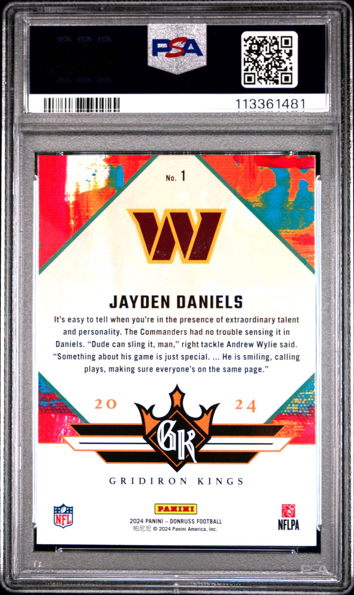 2024 Panini Donruss Rookie Gridiron Kings Jayden Daniels #1 Gem Mt 10 back