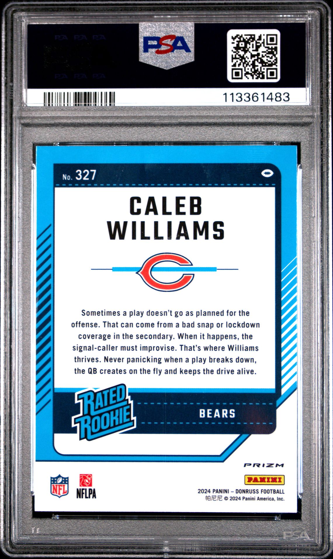 2024 Panini Donruss Caleb Williams #327 (Optic Preview-Red & Green) Mint 9 back