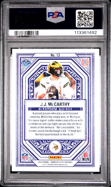 2024 Panini Donruss Elite Rookie On Deck J.j. Mccarthy #13 Gem Mt 10 back