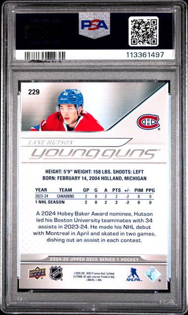 2024 Upper Deck Lane Hutson #229 Gem Mt 10 back