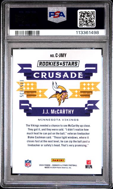 2024 Panini Rookies & Stars Crusade Jj Mccarthy #Cjmy (Crusade-Pandora) Mint 9 back