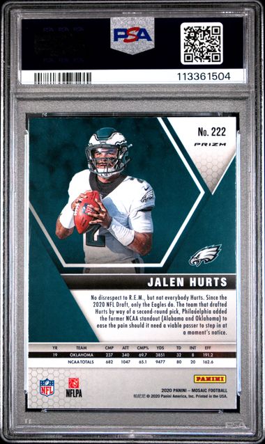 2020 Panini Mosaic Jalen Hurts #222 (Reactive Green) Mint 9 back