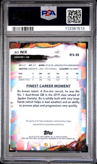 2024 Topps Finest Rookie Finest Autographs Bo Nix #Rfabn Mint 9 back
