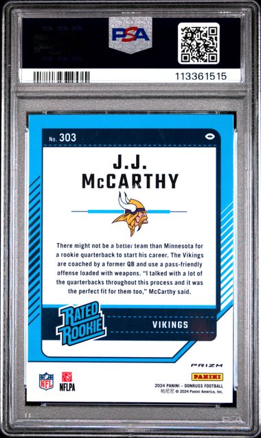 2024 Panini Donruss Jj Mccarthy #303 (Optic Preview-Pink) Mint 9 back