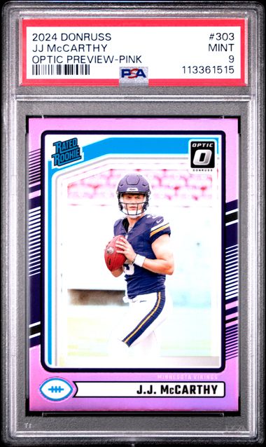2024 Panini Donruss Jj Mccarthy #303 (Optic Preview-Pink) Mint 9 front