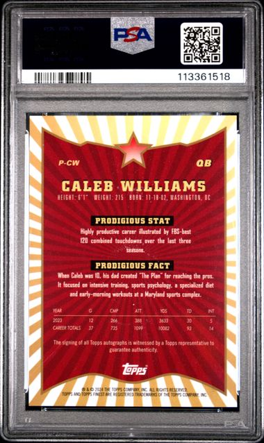2024 Topps Finest Prodigies Autographs Caleb Williams #Pcw Gem Mt 10 back