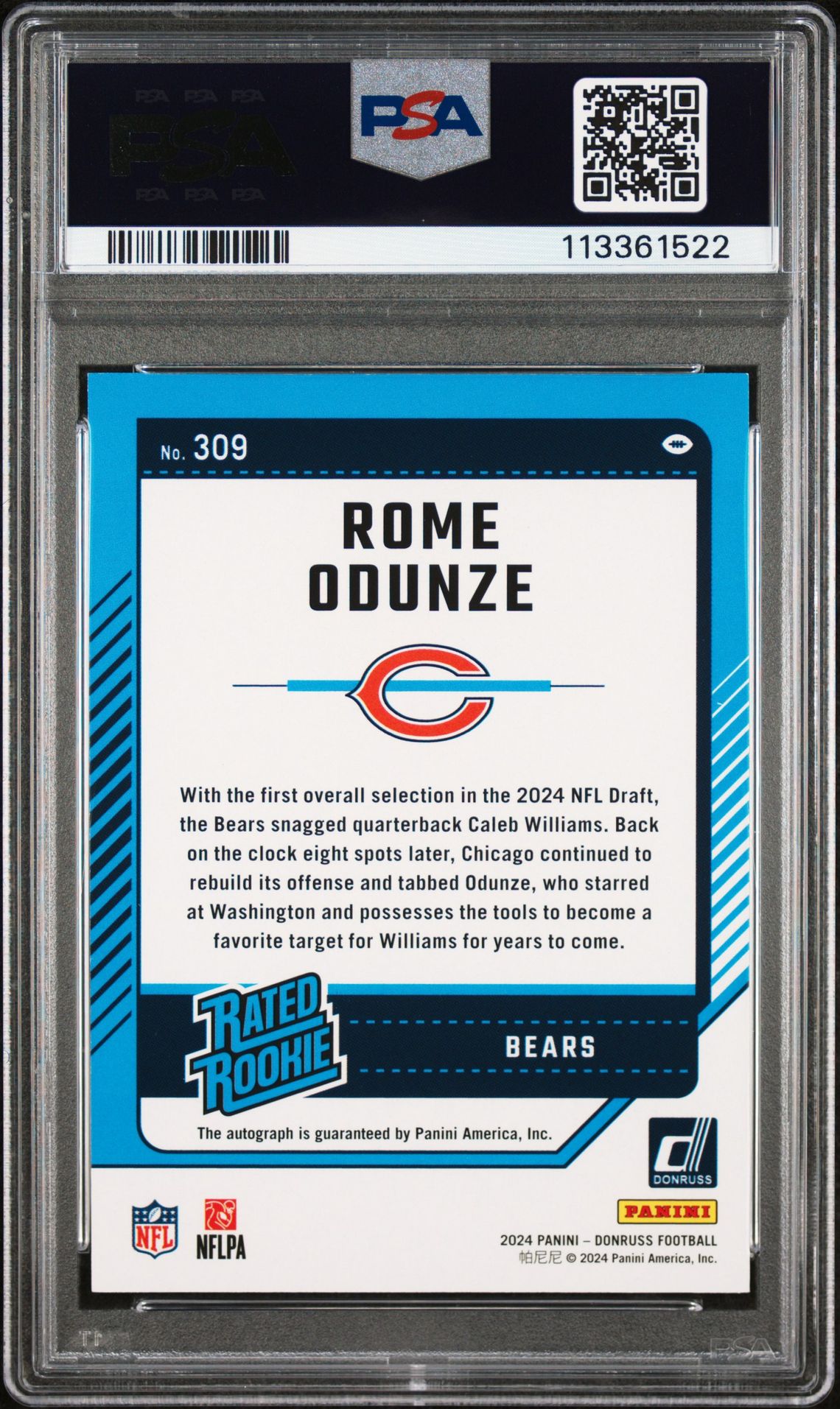 2024 Panini Donruss Rome Odunze #309 (Autograph) Gem Mt 10 back