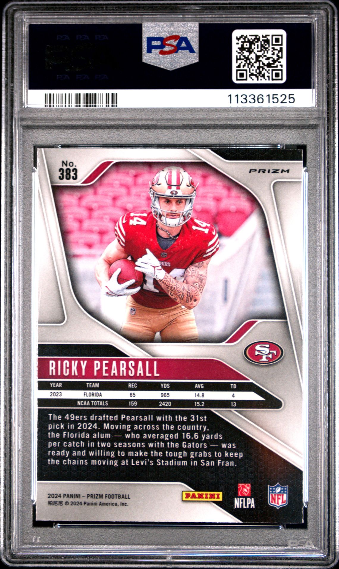 2024 Panini Prizm Ricky Pearsall #383 (Pink Wave) Gem Mt 10 back