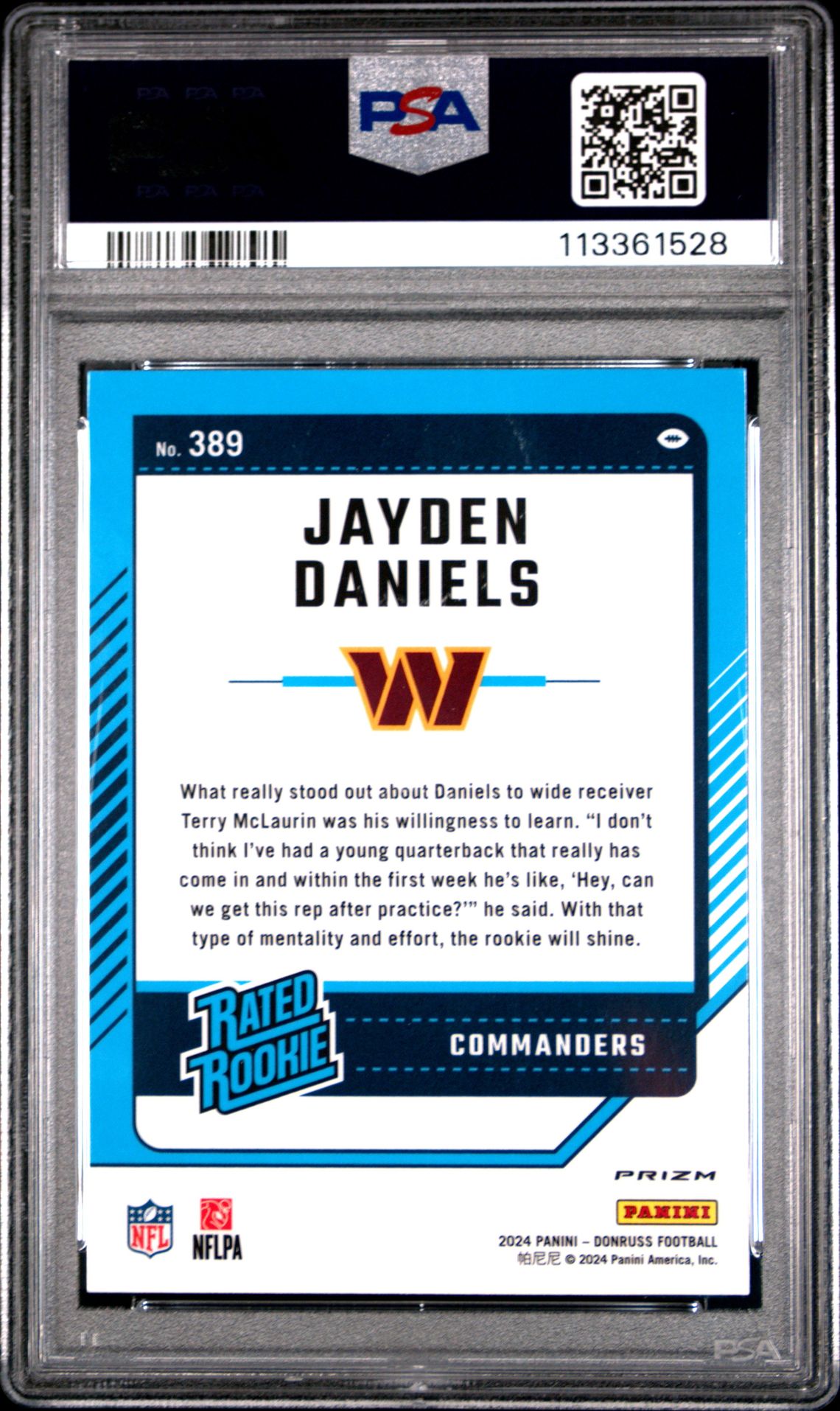 2024 Panini Donruss Jayden Daniels #389 (Optic Preview-Pink) Gem Mt 10 back