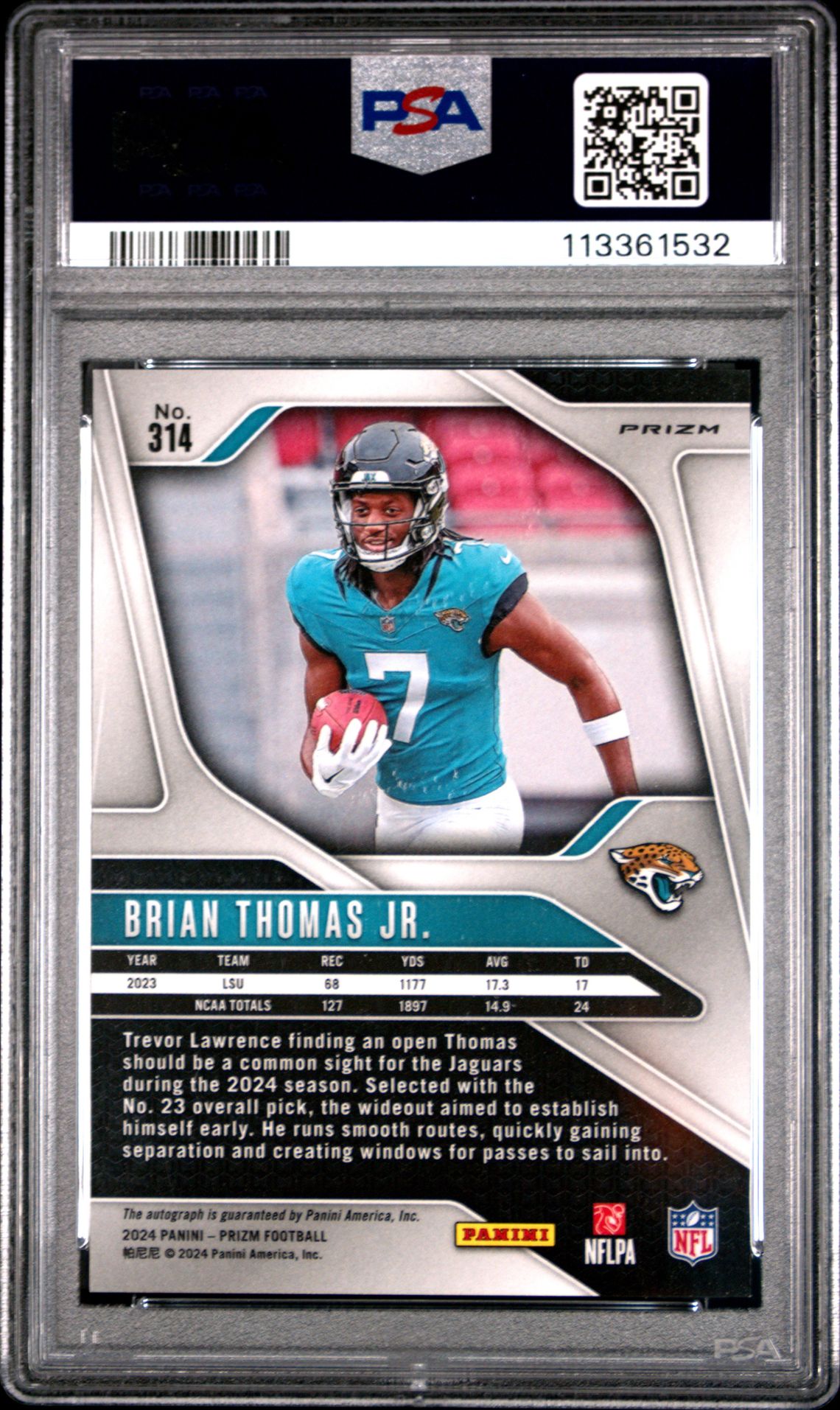2024 Panini Prizm Brian Thomas Jr. #314 (Autograph-Pink Prizm) Mint 9 back