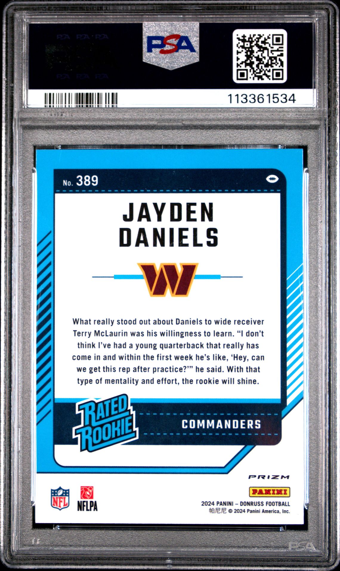 2024 Panini Donruss Jayden Daniels #389 (Optic Preview-Red Wave) Gem Mt 10 back
