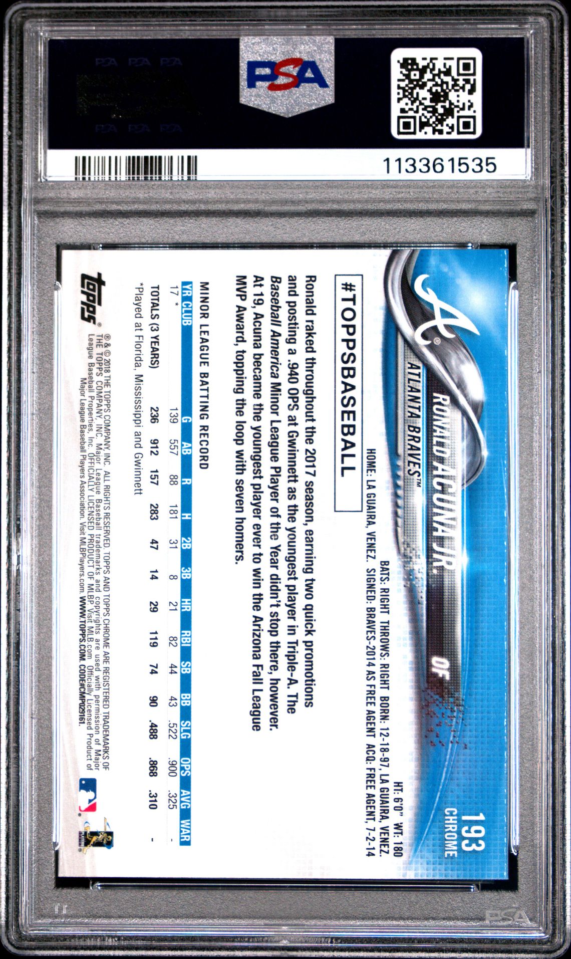 2018 Topps Chrome Ronald Acuna Jr. #193 Gem Mt 10 back