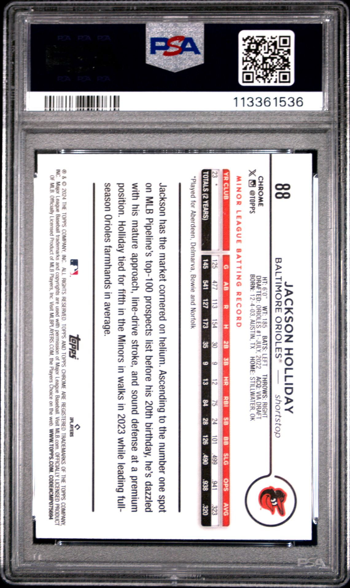 2024 Topps Chrome Jackson Holliday #88 (X-Fractor) Gem Mt 10 back