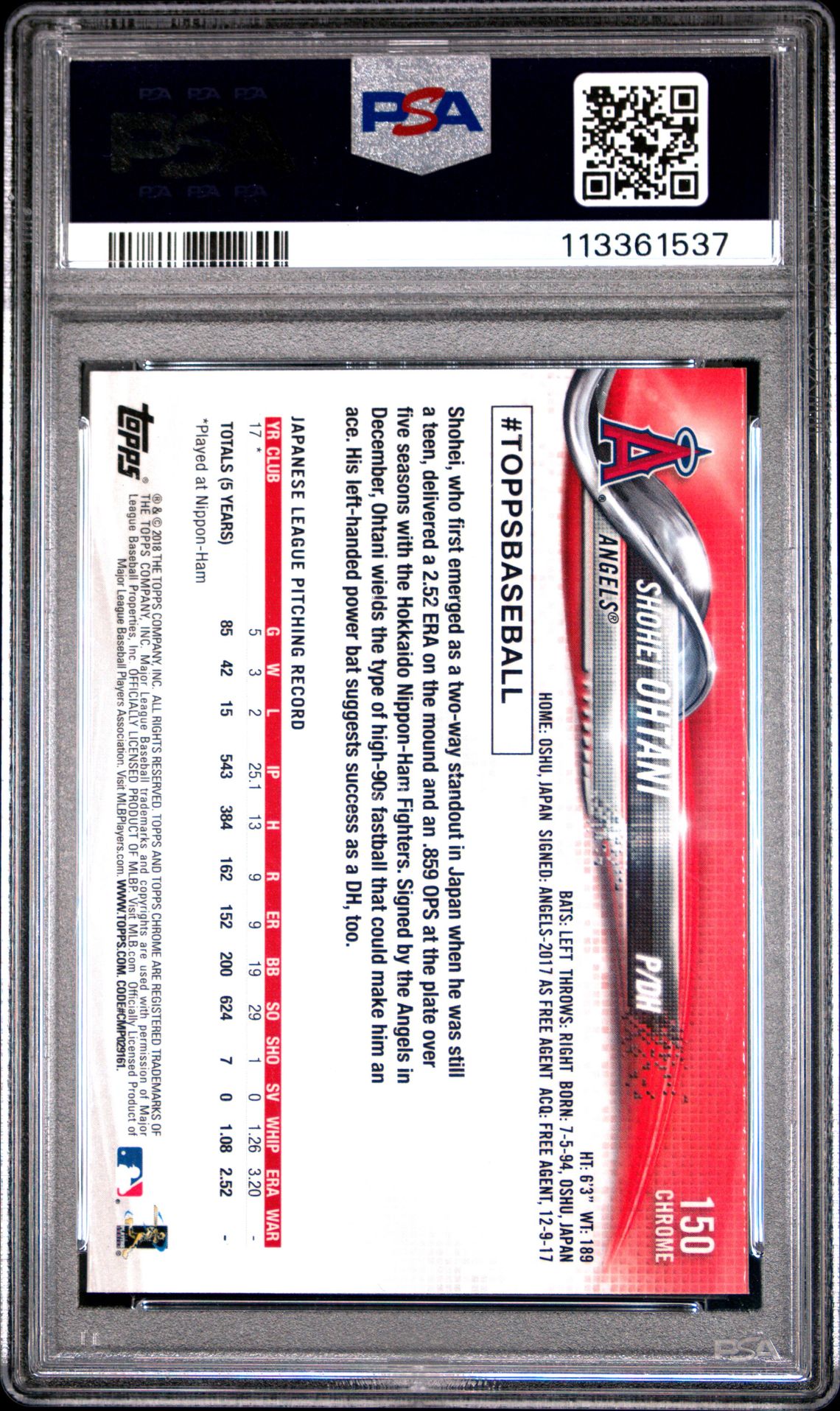 2018 Topps Chrome Shohei Ohtani #150 (Pitching) Gem Mt 10 back