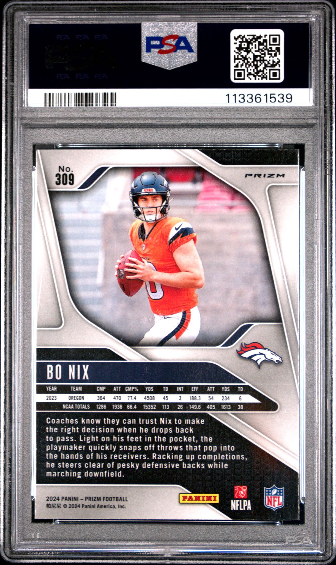 2024 Panini Prizm Bo Nix #309 (Disco Prizm) Mint 9 back