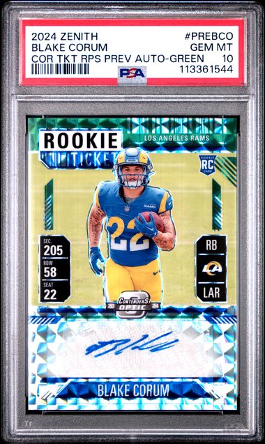 2024 Panini Zenith Contenders Optic Rookie Ticket Rps Preview Autographs Blake Corum #Prebco (Cor Tkt Rps Prev Auto-Green) Gem Mt 10 front