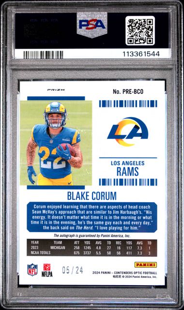 2024 Panini Zenith Contenders Optic Rookie Ticket Rps Preview Autographs Blake Corum #Prebco (Cor Tkt Rps Prev Auto-Green) Gem Mt 10 back