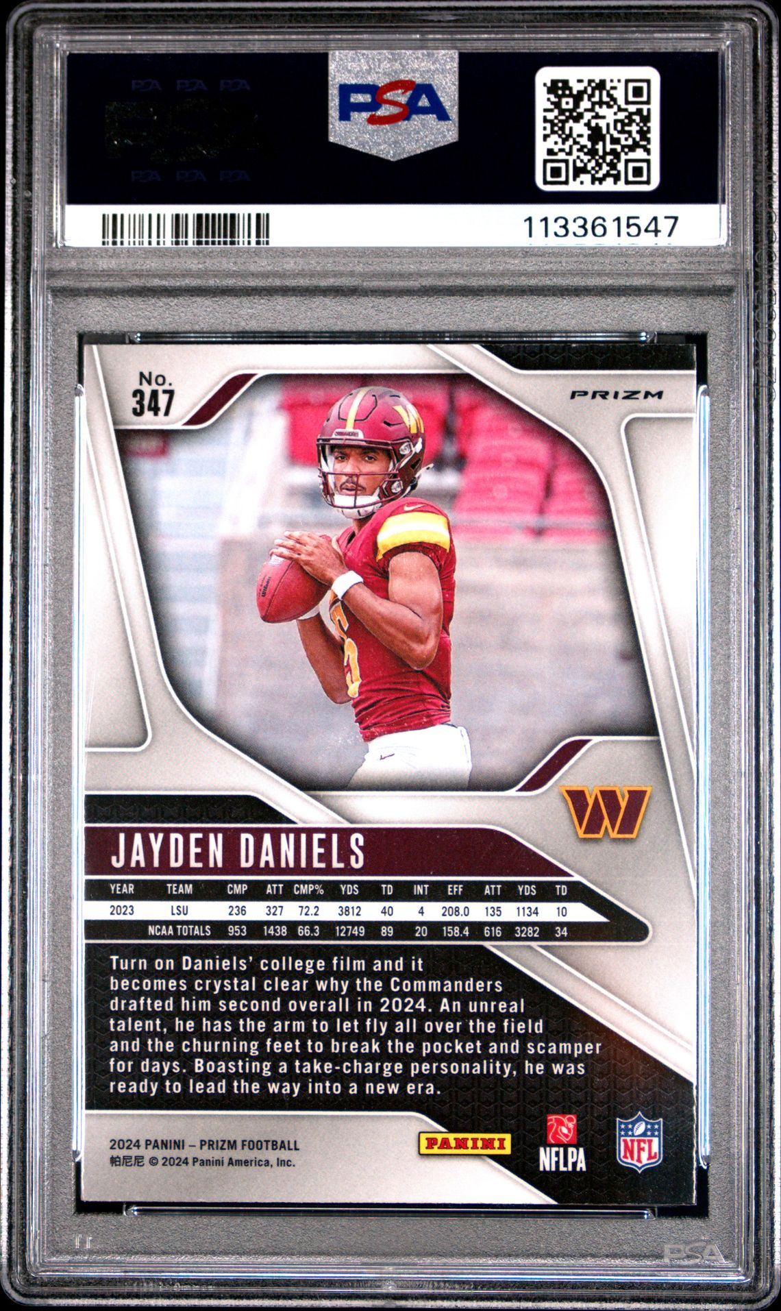 2024 Panini Prizm Jayden Daniels #347 (Lazer Prizm) Gem Mt 10 back