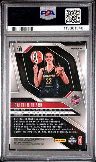 2024 Panini Prizm Wnba Caitlin Clark #145 (Blue Velocity) Gem Mt 10 back