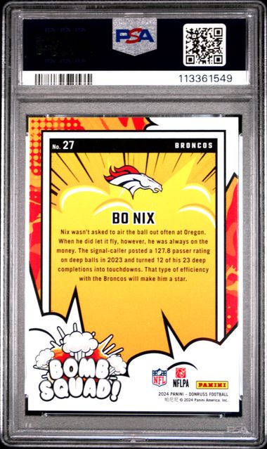 2024 Panini Donruss Bomb Squad Bo Nix #27 Gem Mt 10 back