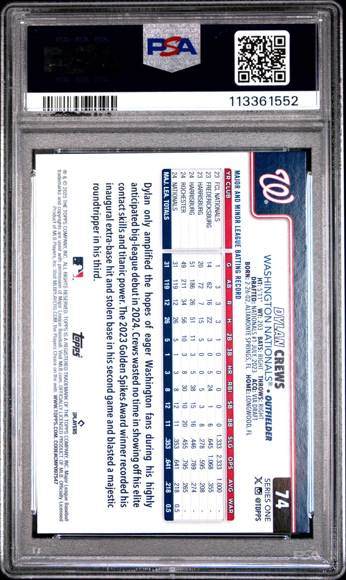 2025 Topps Dylan Crews #74 (Rainbow Foil) Mint 9 back