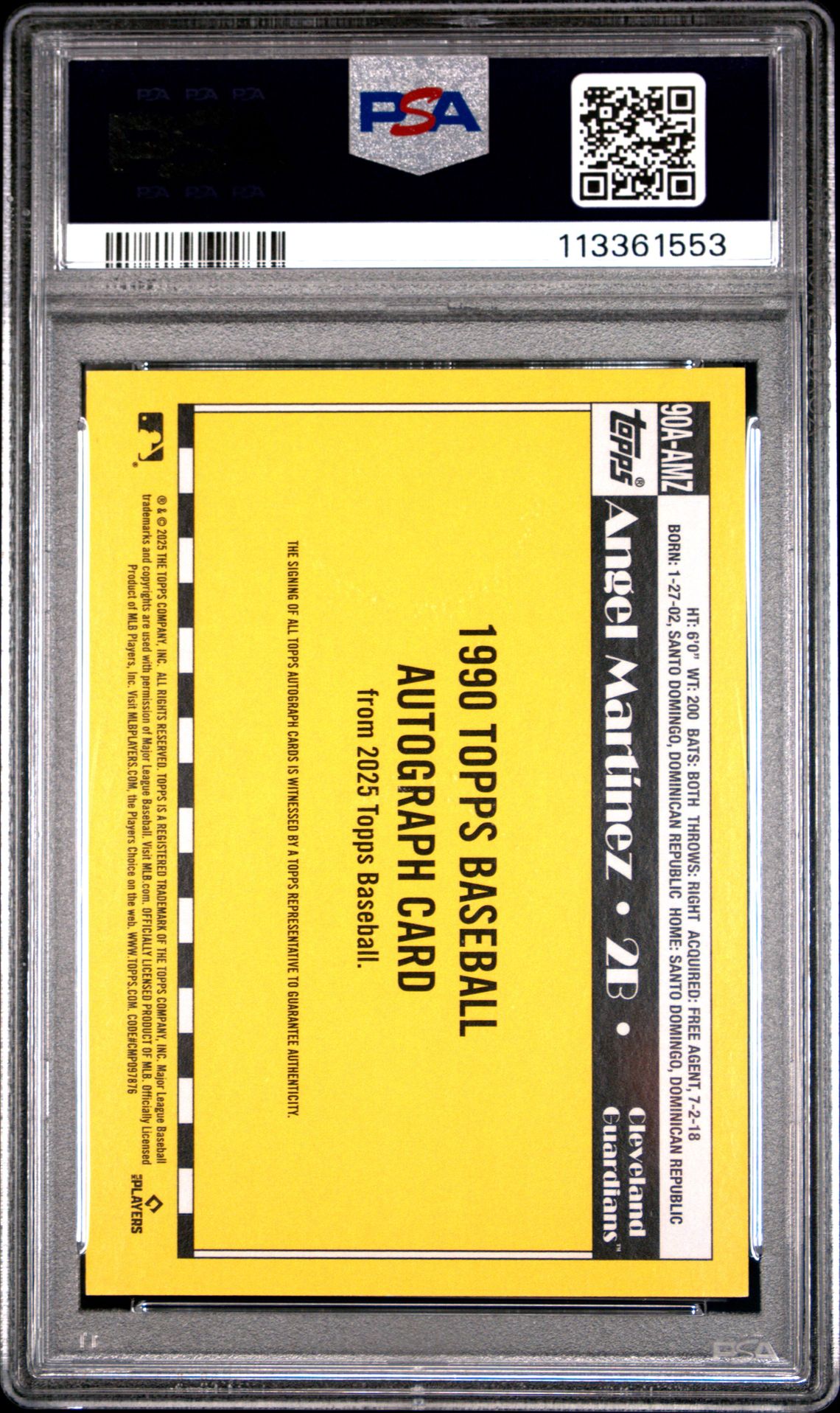 2025 Topps 1990 Topps Baseball Autographs Angel Martinez #90Aamz Gem Mt 10 back