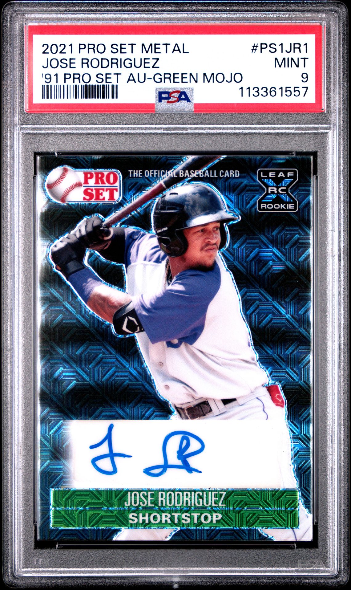 2021 Leaf Pro Set Metal 1991 Pro Set Autographs Jose Rodriguez #Ps1Jr1 ('91 Pro Set Au-Green Mojo) Mint 9 front